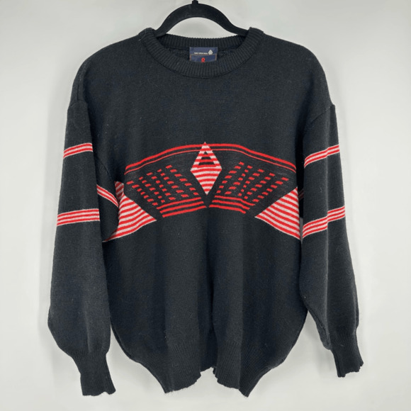 Vintage 80s Demetre Mens M Ski Sweater Wool Black Red Diamond Retro Preppy - Picture 12 of 12